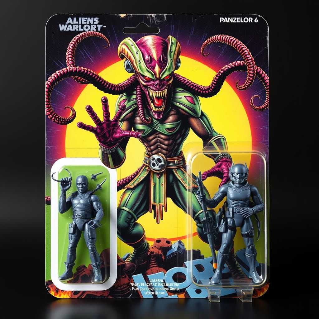 Retro-Futuristic Action Figure Packaging with Alien Warlord