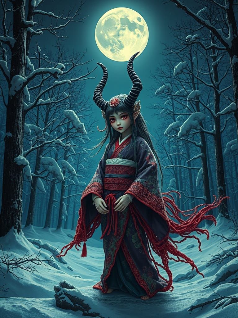 Demon Girl Doll in Psychedelic Snow Forest