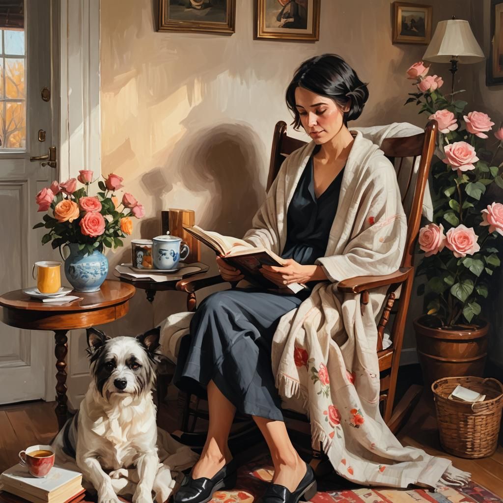 Cozy Girl with Dog in Oil Painting Style