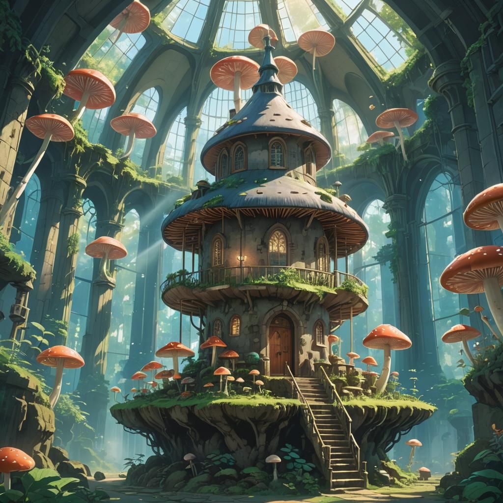 Mushroom City Chapel: Studio Ghibli Anime Art