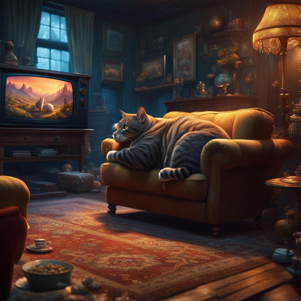 Fat Cat Watches TV: Detailed Matte Painting