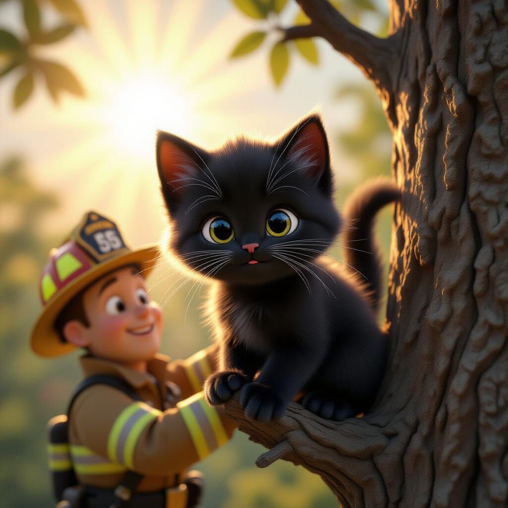 Cute Kitten Rescued by Fireman in Pixar Style