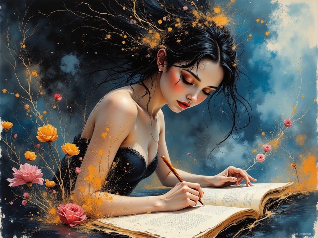 Woman Writing Letter with Dramatic Lighting