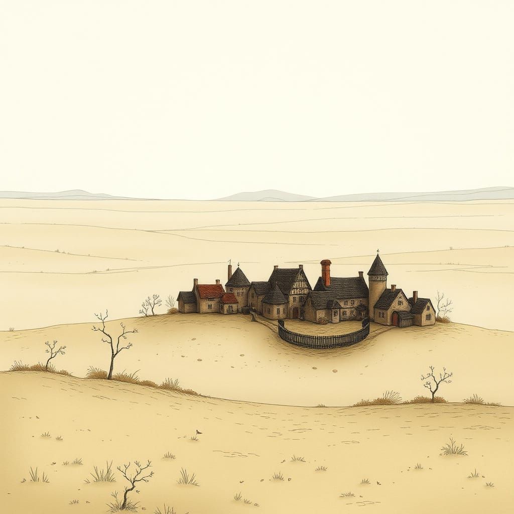 Quaint Village in Vast Plain, Whimsical Storybook Illustrati...
