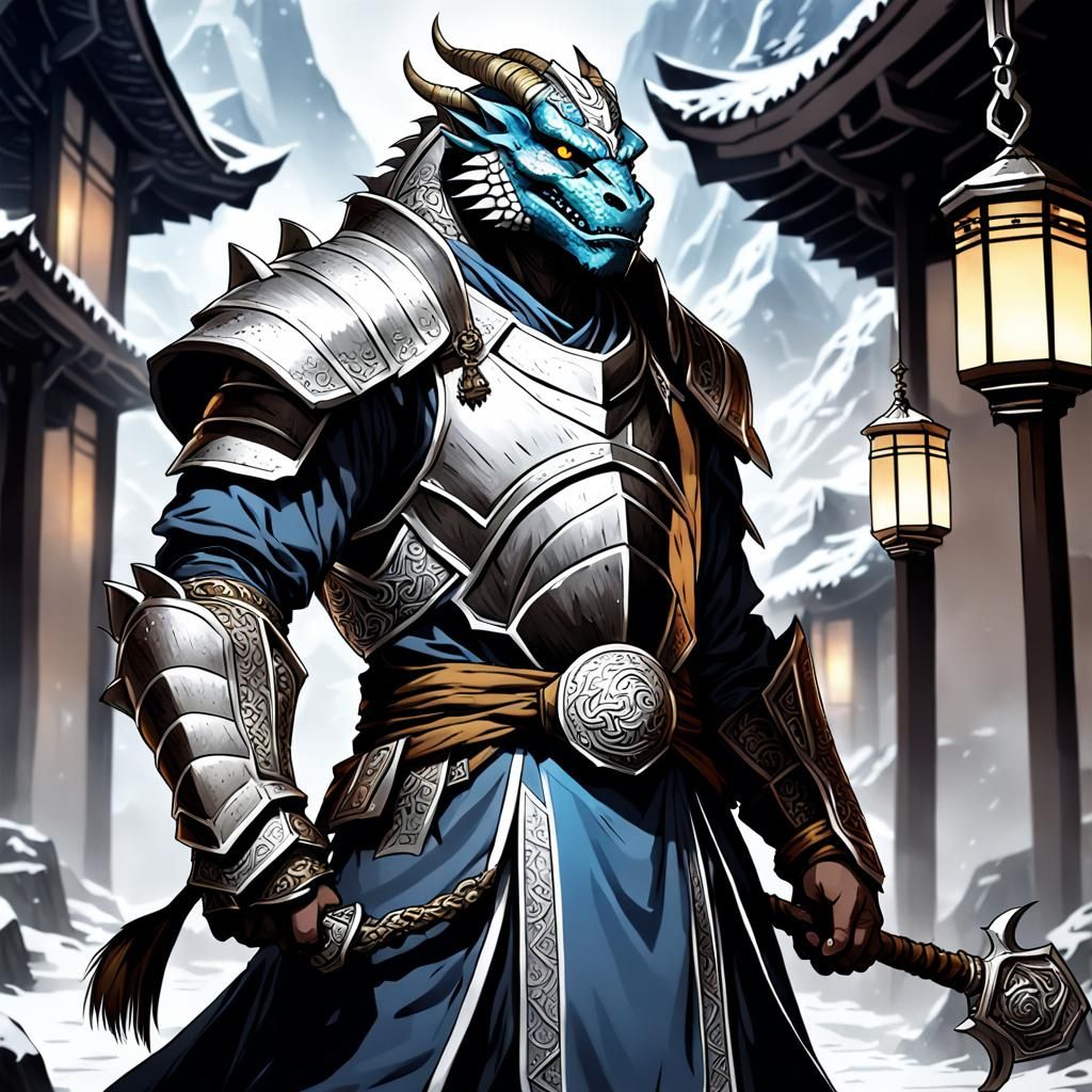 Silver Dragonborn Monk in Anime Style