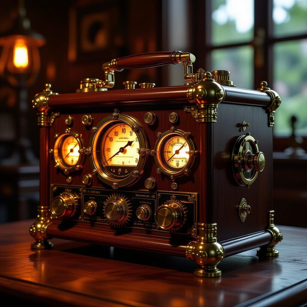 Ornate Steampunk Radio on Oak Table