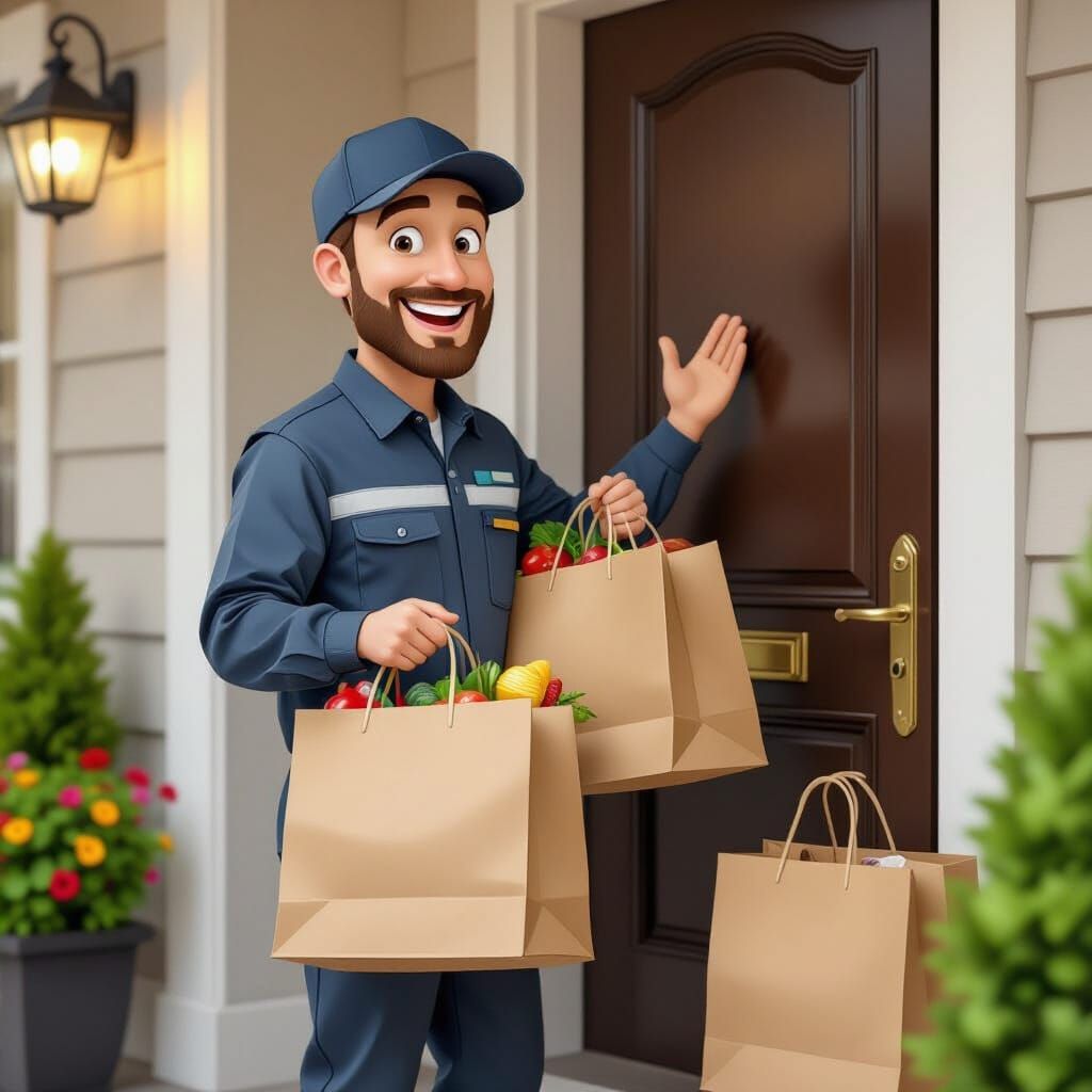 Supermarket Delivery Person Rings Doorbell in Digital Painti...