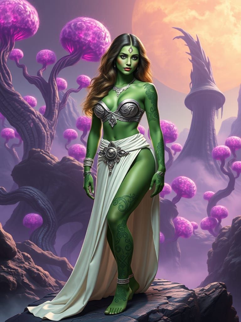 Green Alien Woman on Alien Planet in Sci-Fi Style
