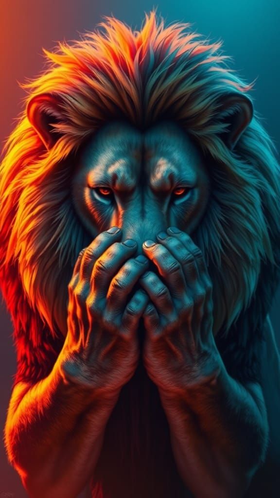 Lion Covering Face in Helpless Mood: Hyperrealistic Splash A...