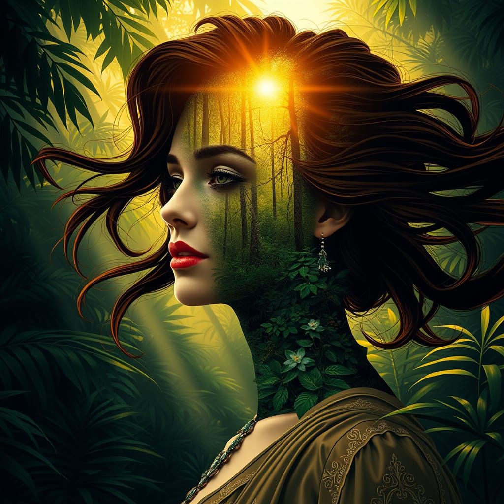 Elegant Woman Merges with Vibrant Rainforest in Harmonious N...