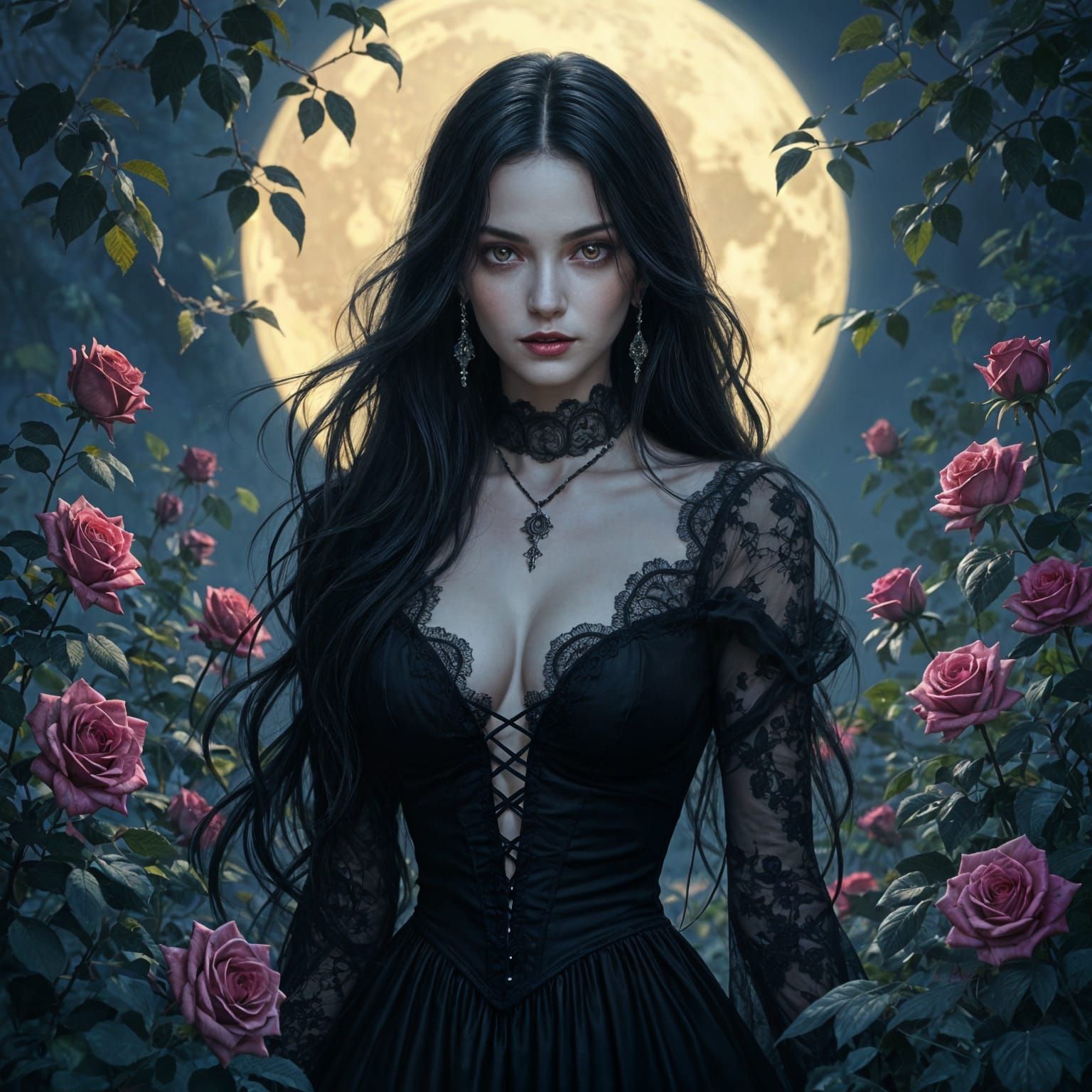 Gothic Woman in Moonlit Rose Garden, Romantic Style
