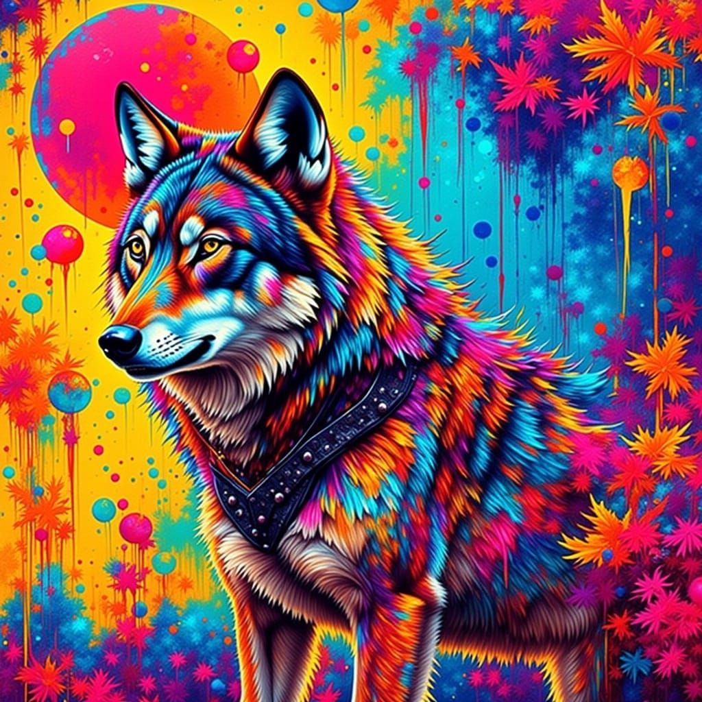 Wolf in Pop Art Landscape: Bold and Brave