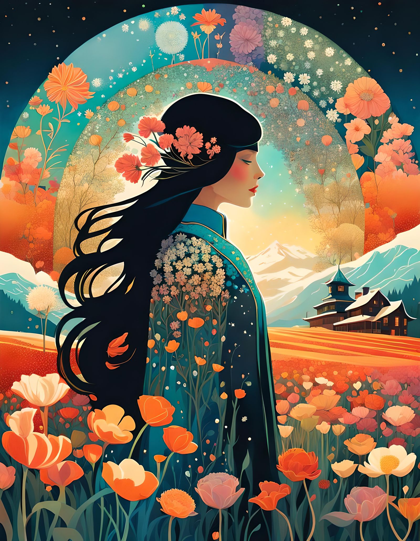 Winter and Spring Flower Field in Art Nouveau Style