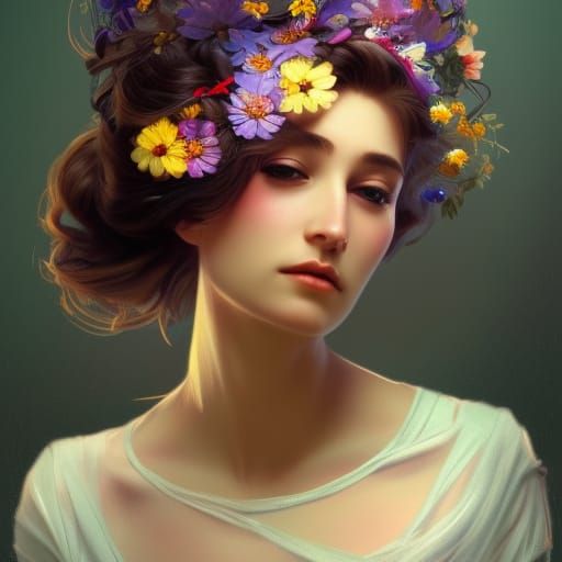 Woman with Flowers: Hyperdetailed Art Nouveau Portrait