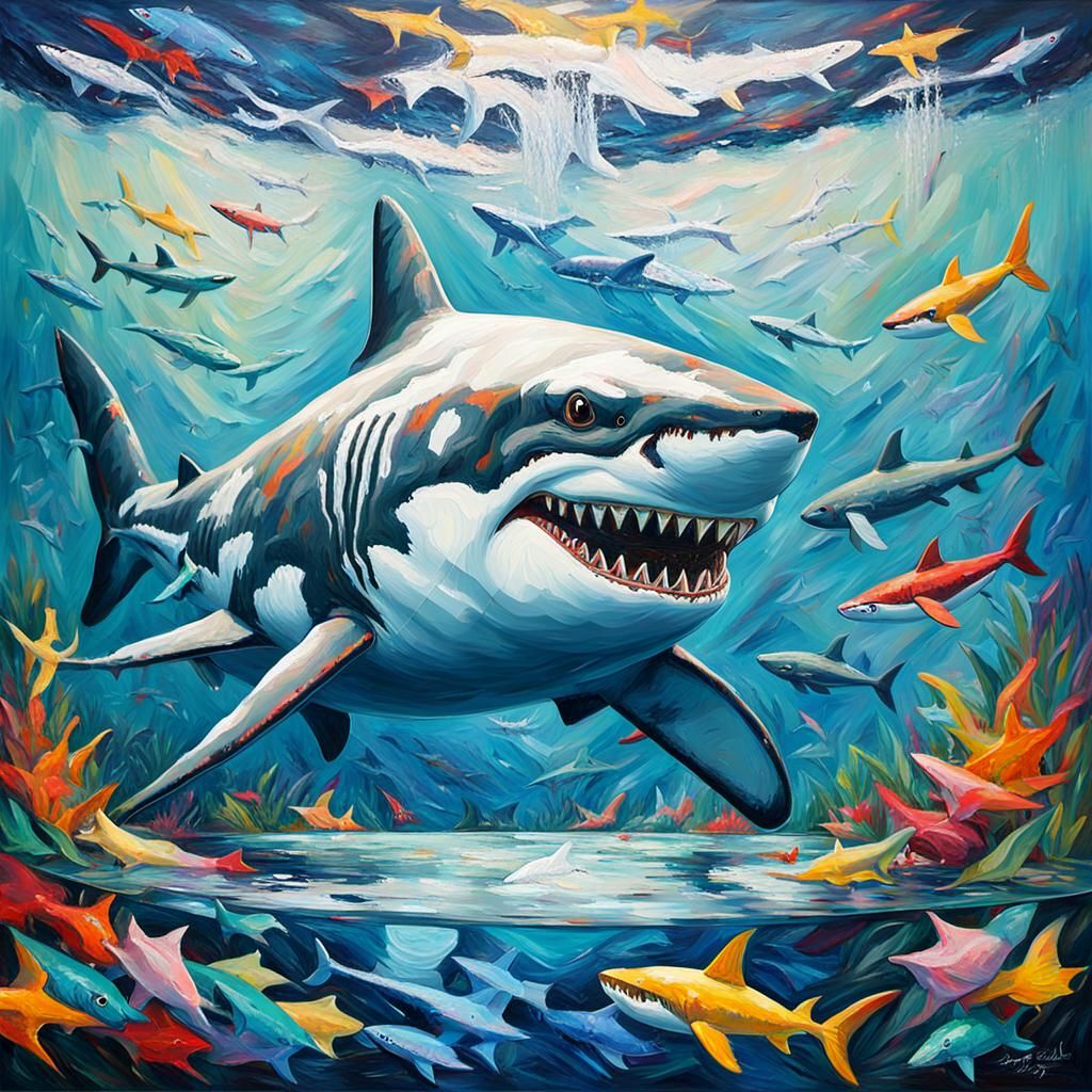 Charismatic Shark by Crystal Pool in Impasto Neo-Expressioni...