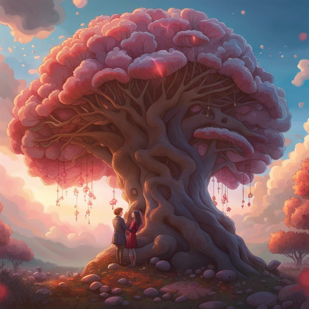 Romantic Mushroom Tree with Kissing Couple, Digital Art