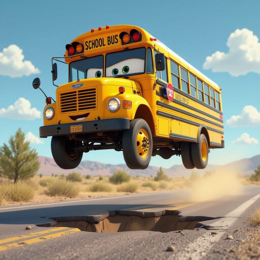 Pixar Style School Bus Jumps Pothole