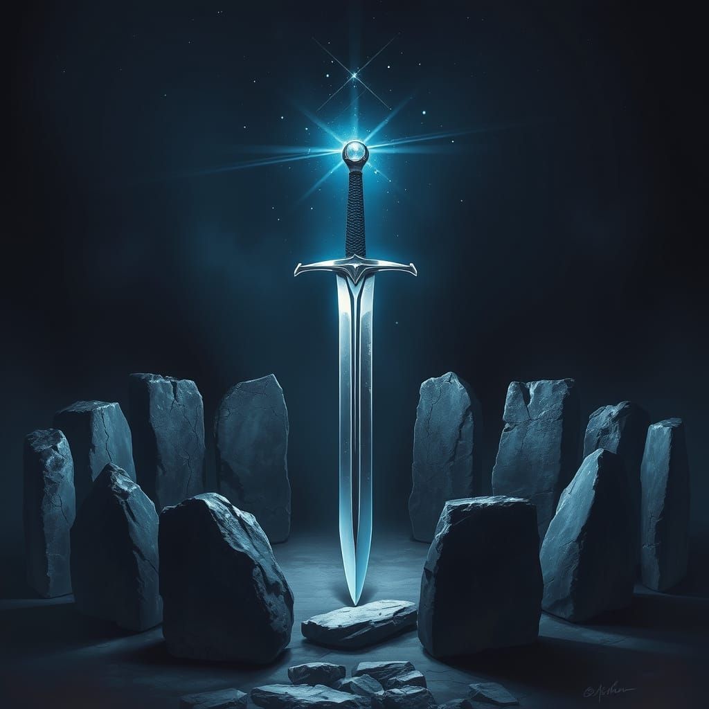 Excalibur Gleaming Under Starry Night Sky