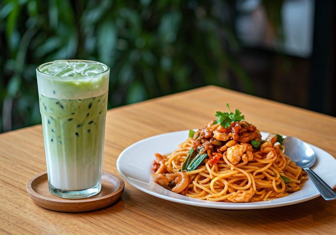 Mala Chicken Spaghetti and Matcha Latte Still Life