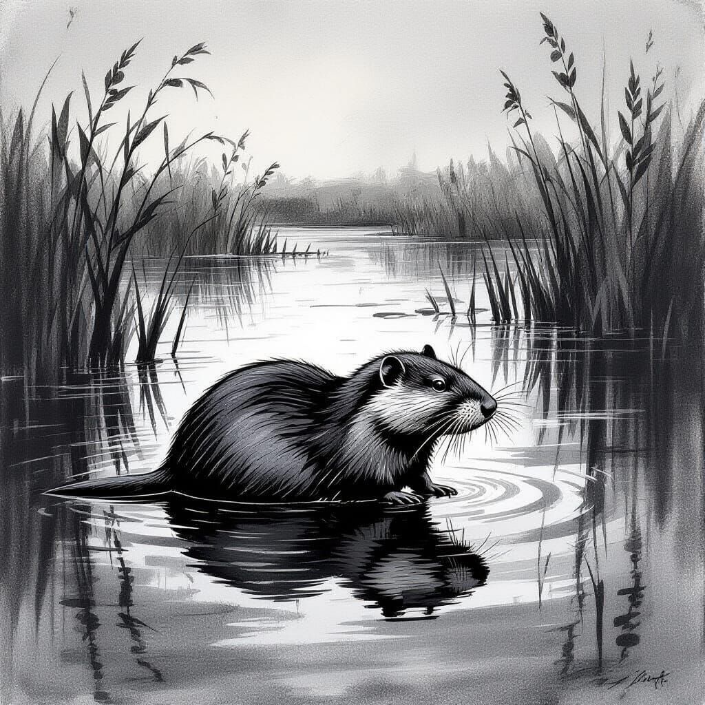 Muskrat in Wetland: Charcoal and Ink Mixed Media