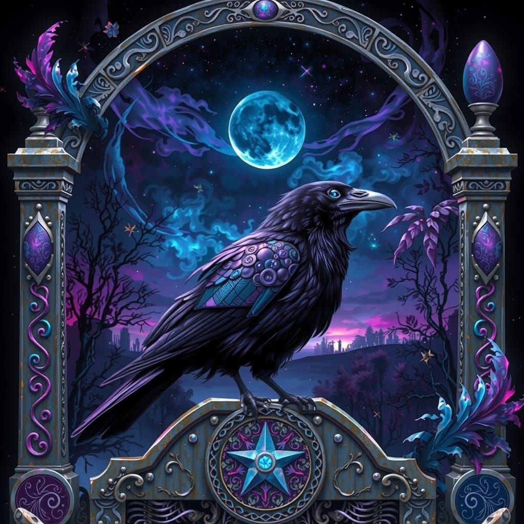 Cosmic Crow with Zentangle Patterns in Digital Art