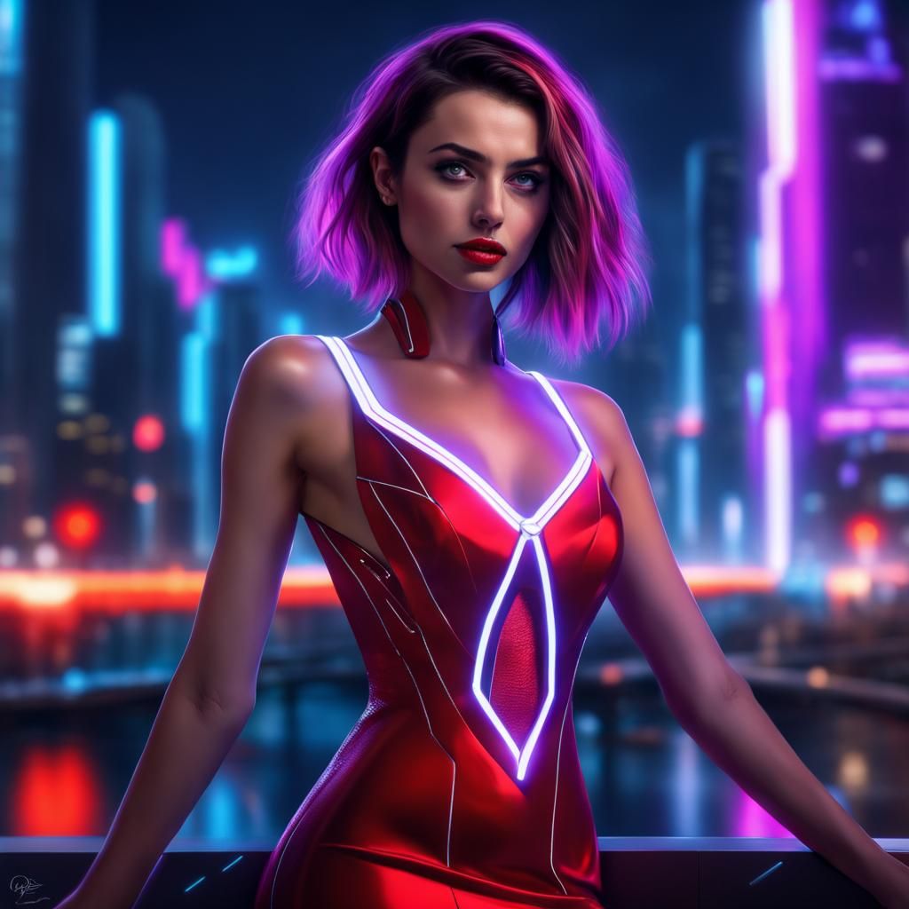 Futuristic Woman in Red Dress, Cyberpunk Cityscape