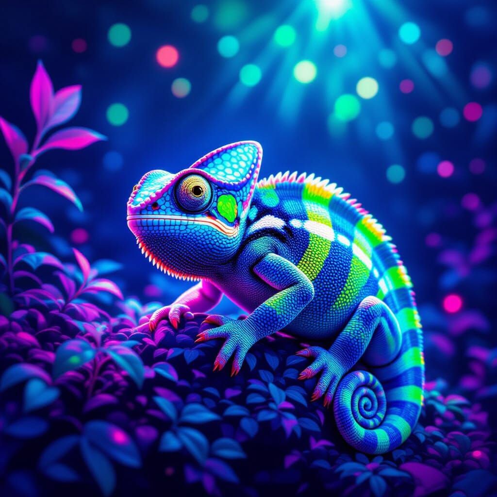 Chameleon Camouflaged in Vibrant Neon Environment