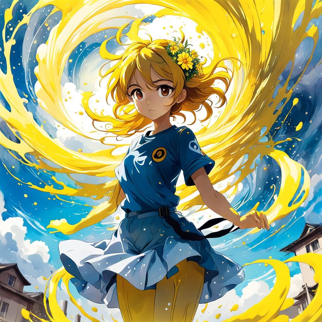 Anime Girl in Yellow Paint Tornado
