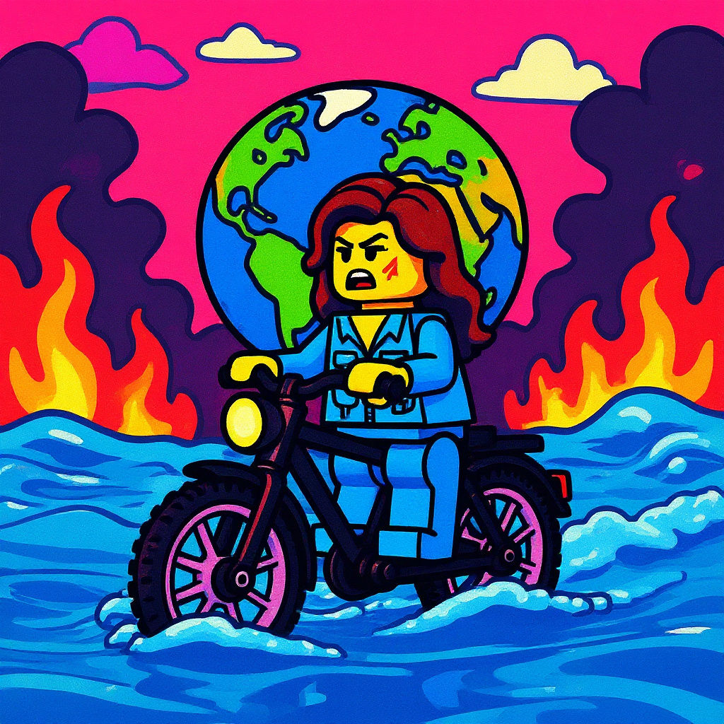 Lego Woman's Despair: Fire and Flood Calamity