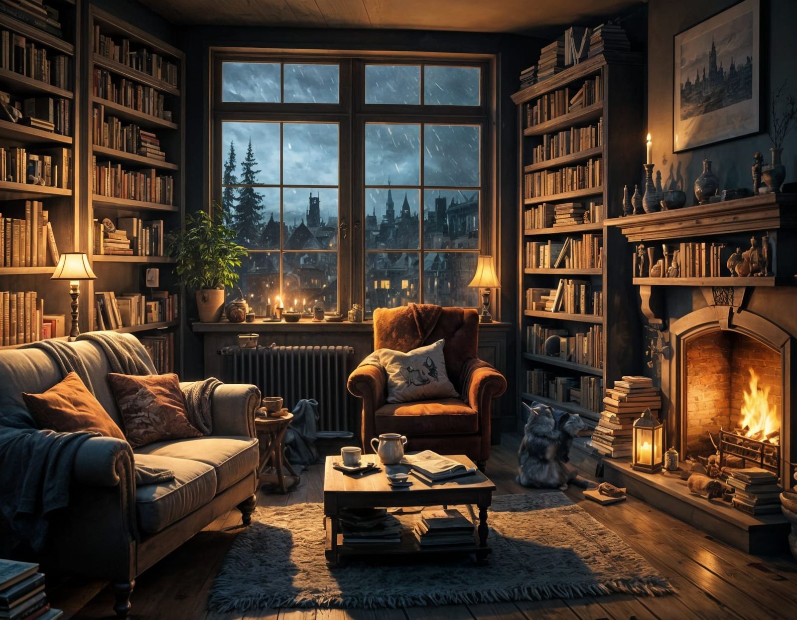 Cozy Rainy Night Living Room Concept Art