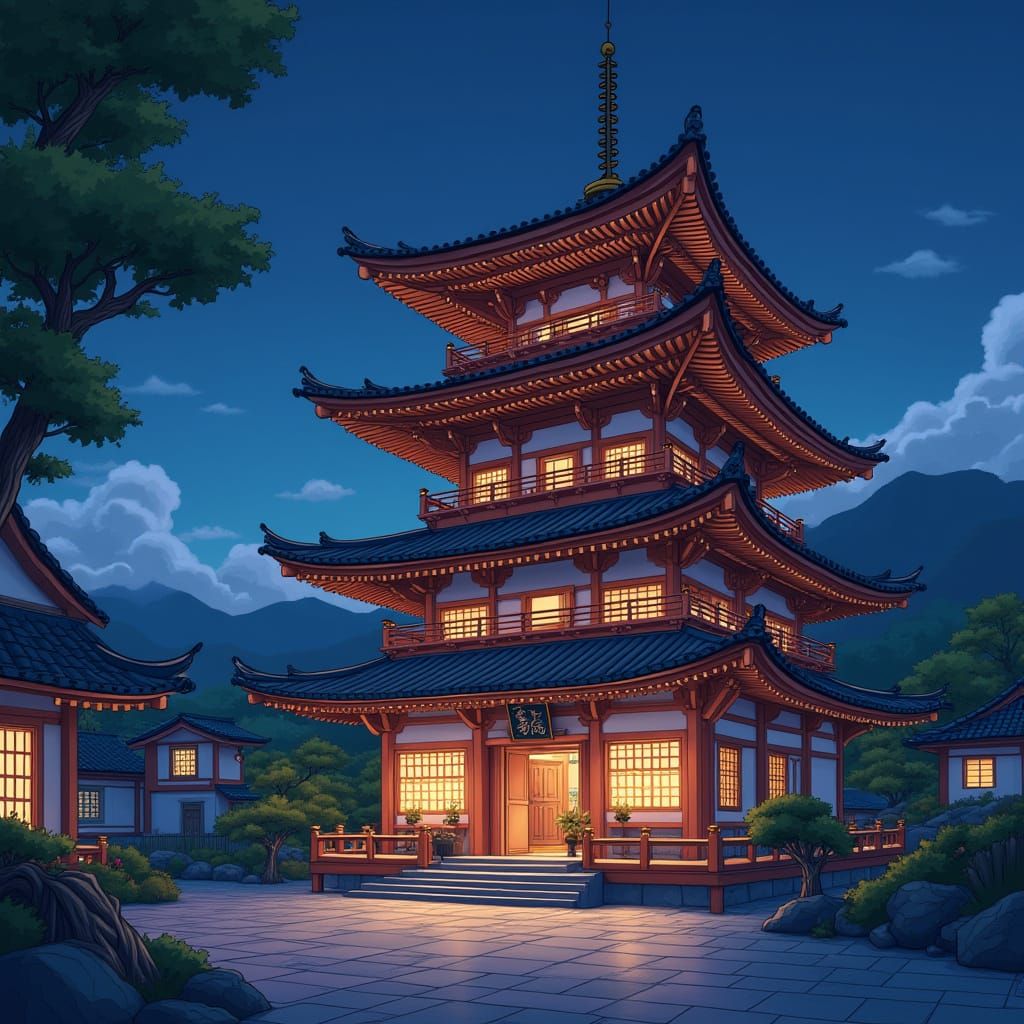 Anime Night View of Japanese Building