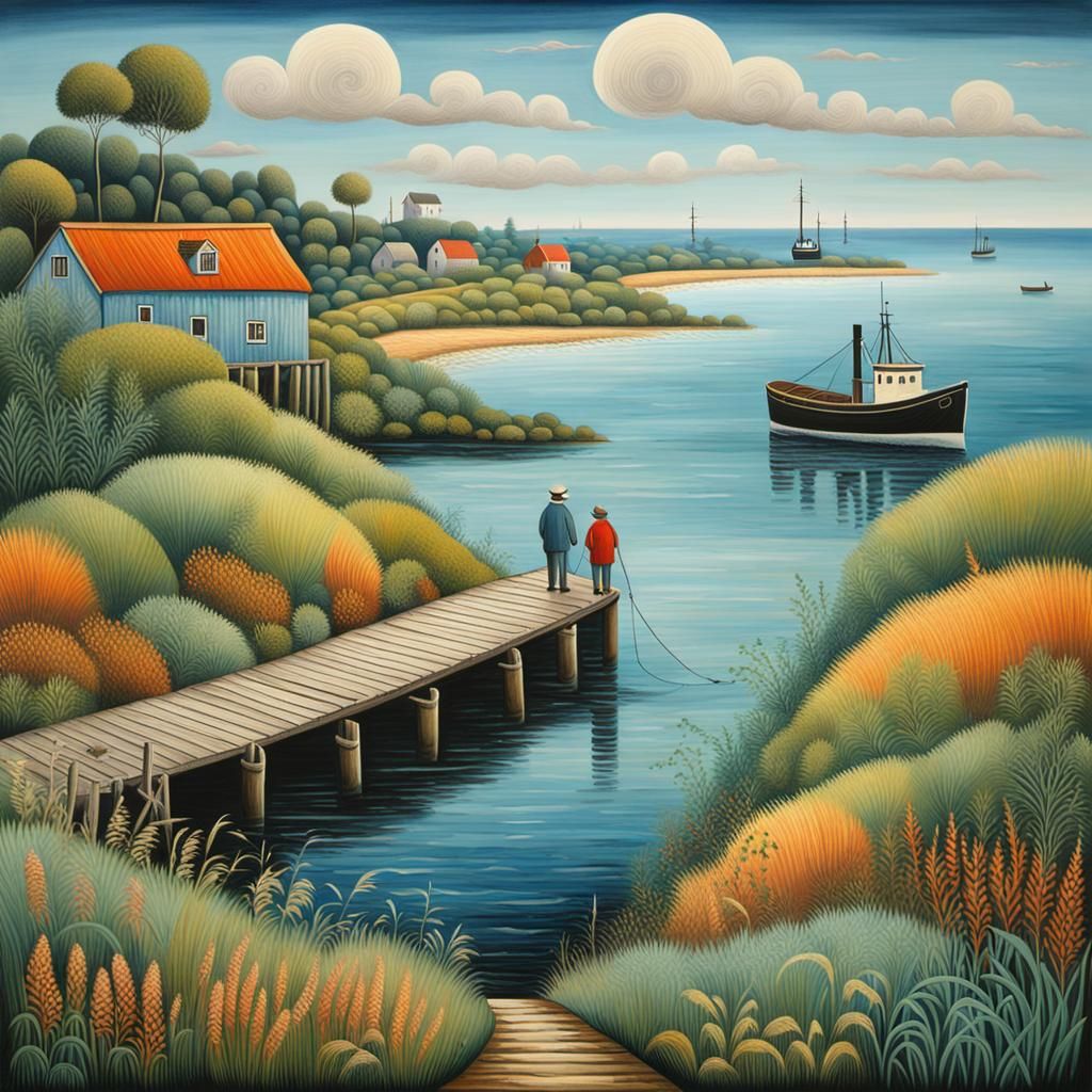 Wharf Scene in Naive Contemporary Art Style