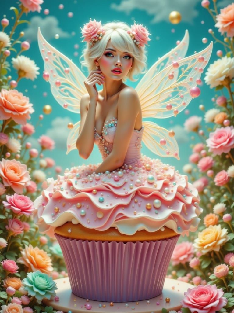 Ethereal Fairy on Cupcake in Whimsical Garden