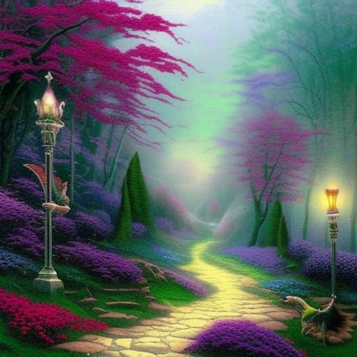 Giant White Fox Runs Through Fantasy Forest