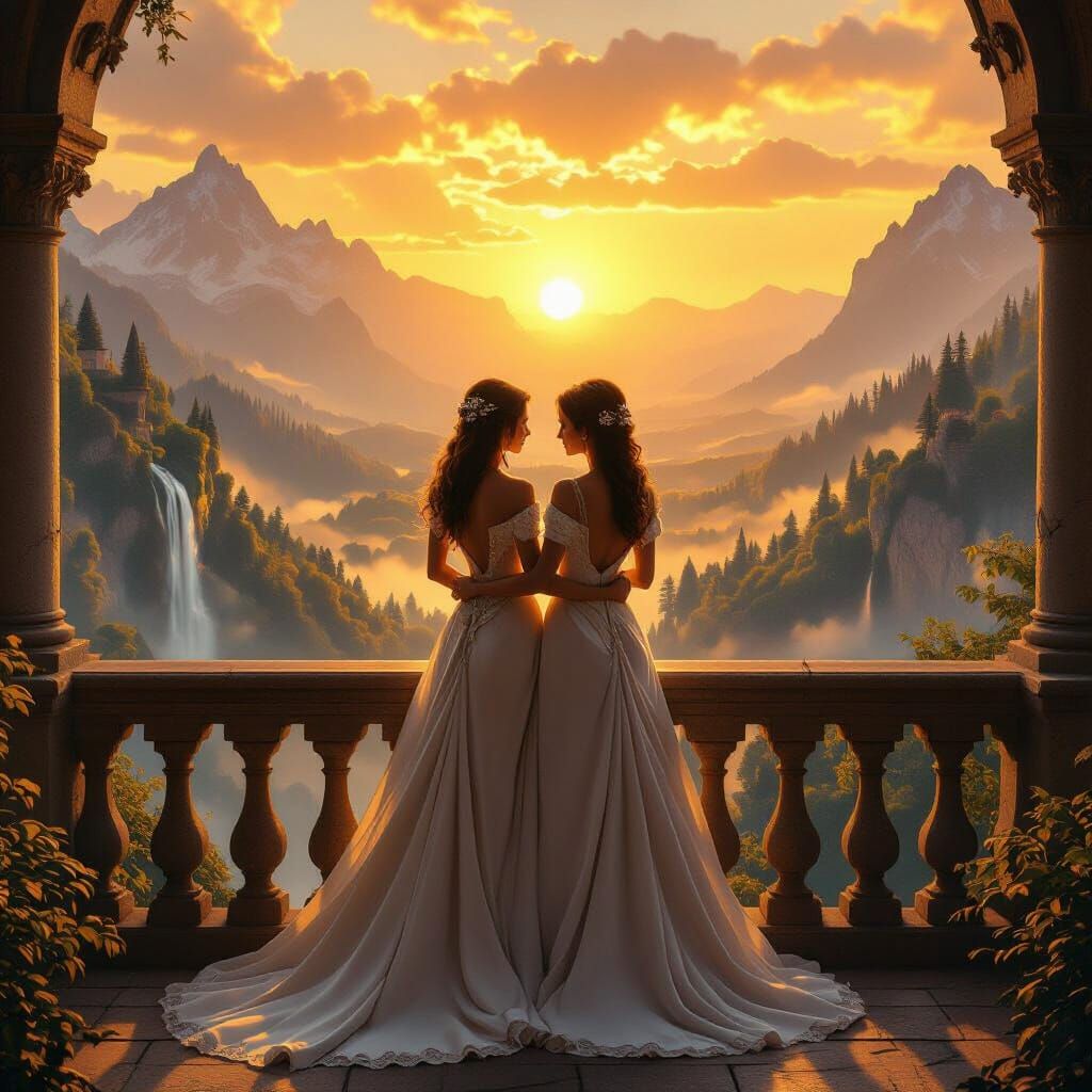 Embracing Women Watch Sunset Over Fantasy Landscape