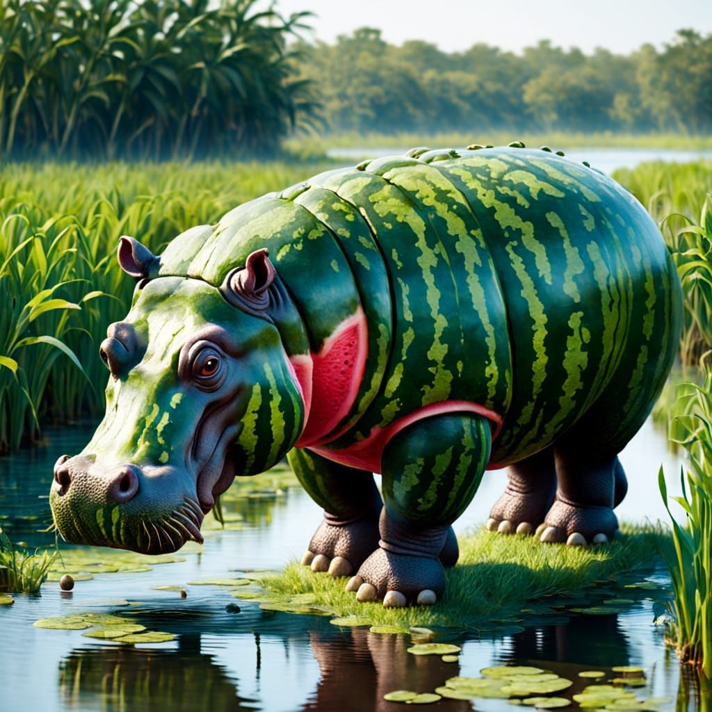 Watermelon Hippo Walking Through Marshes