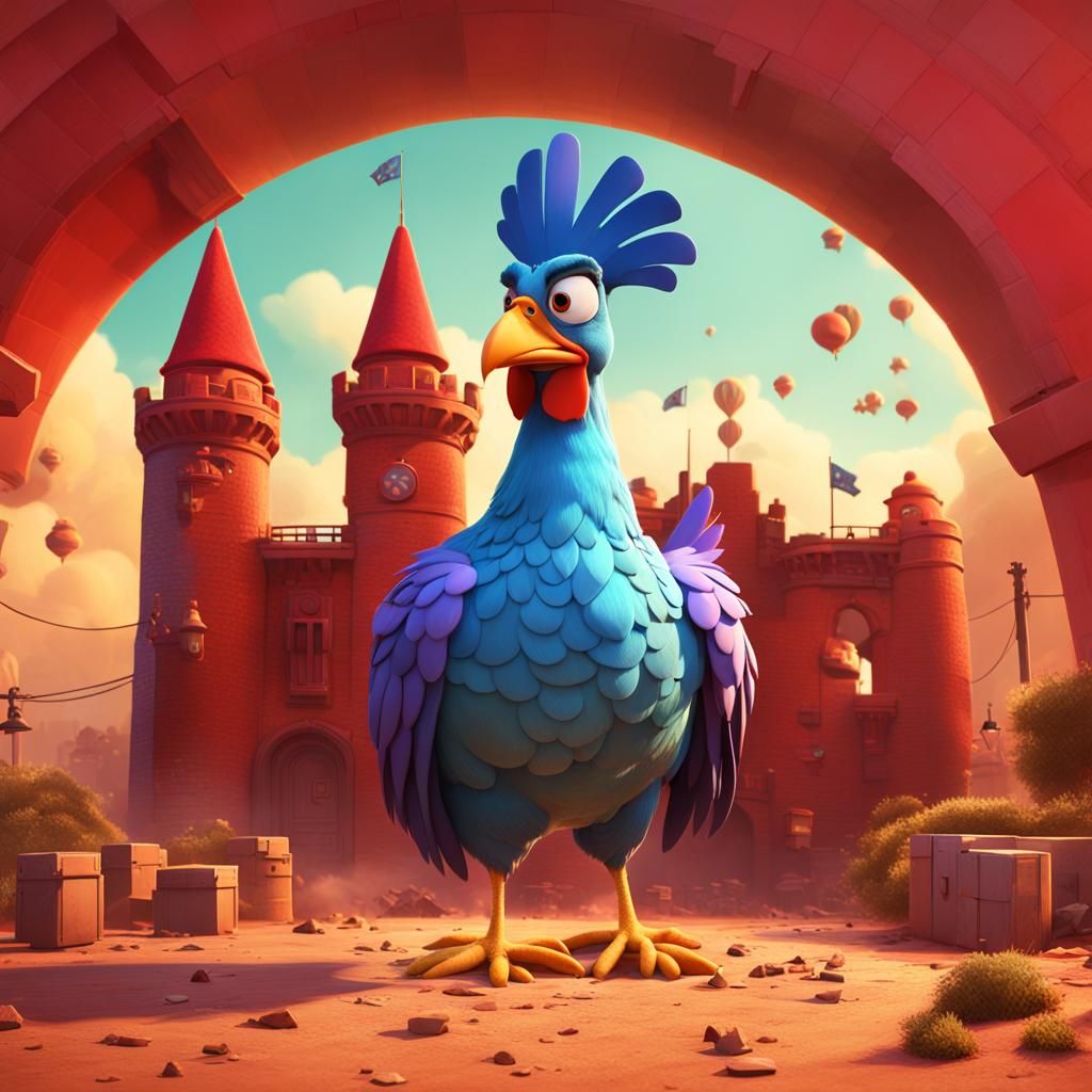 Army War Chicken with Red Tower in 3D
