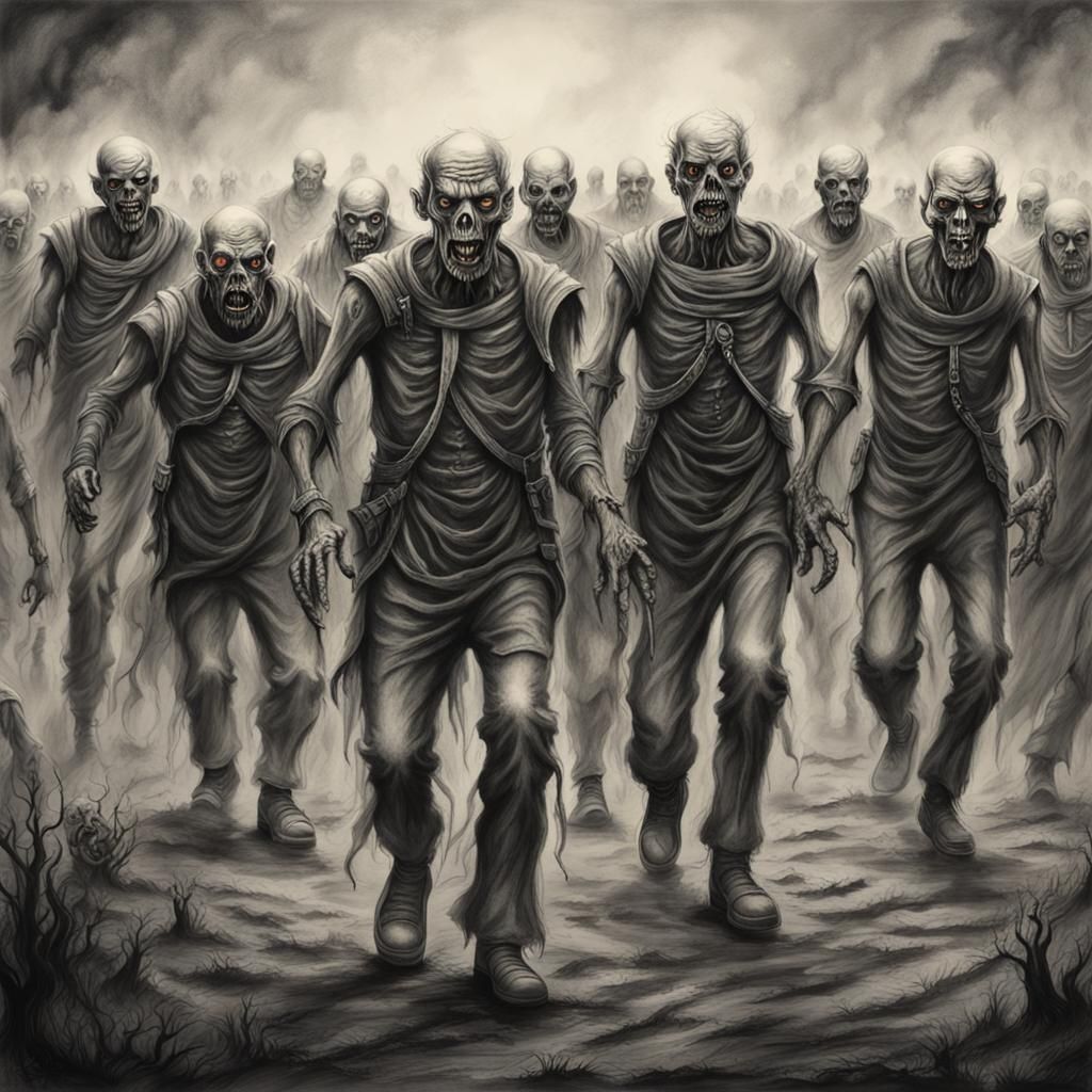 Grotesque Zombie Army in Hazy Fog, Charcoal Drawing