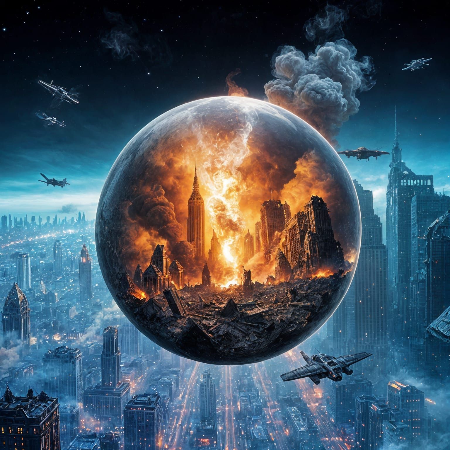 Double Exposure: Ruined City in Futuristic Orb