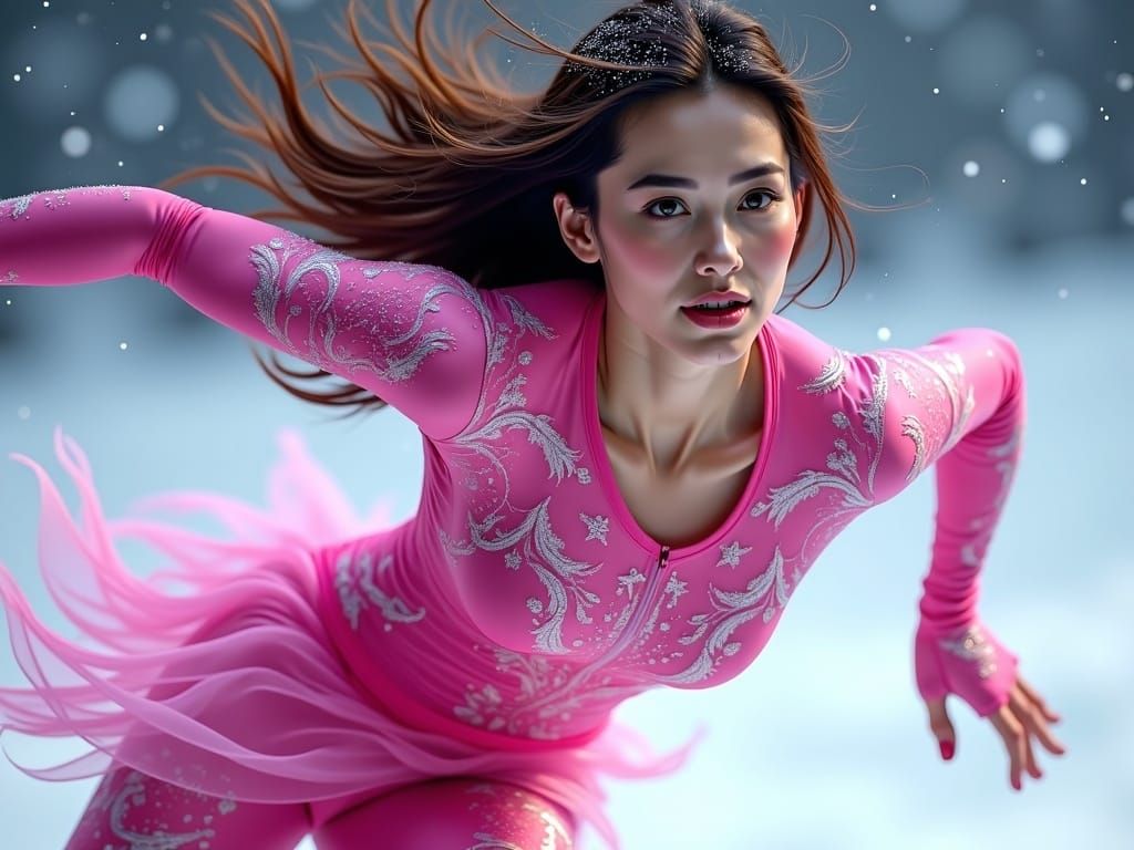 Realistic Oil Painting of Mature Woman Ice Skating in Pink B...