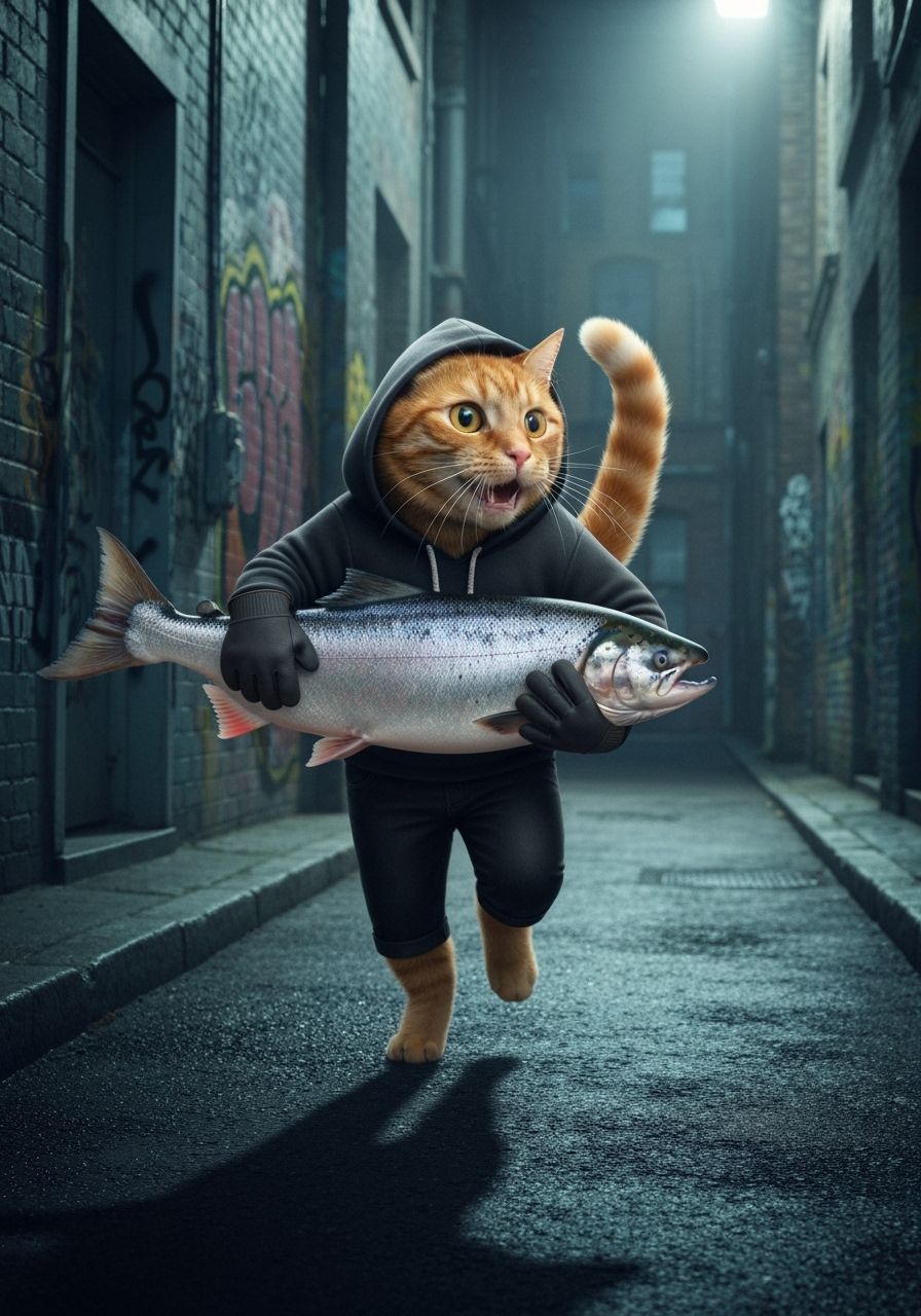 Cat Burglar Stealing Fish, Humorous AI Image