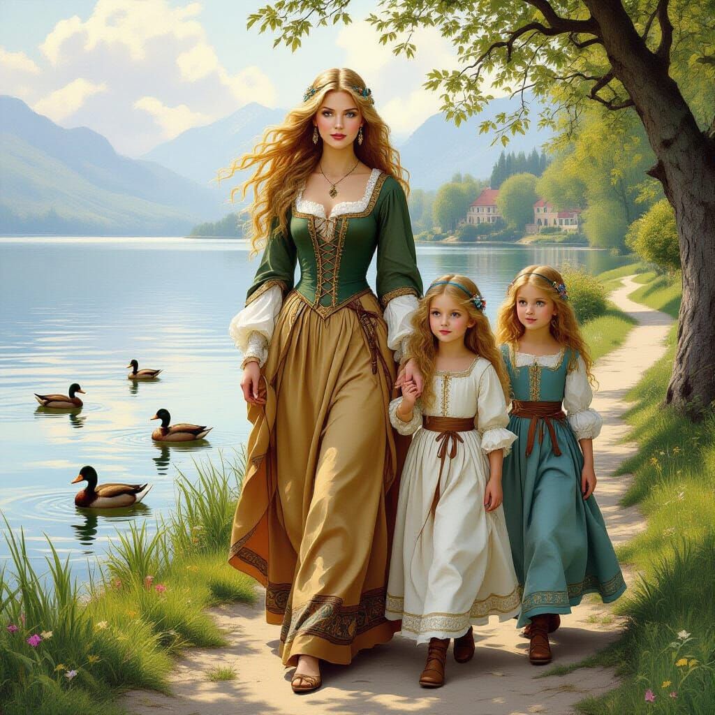 Medieval Women by Lakeside Path: Pre-Raphaelite Style
