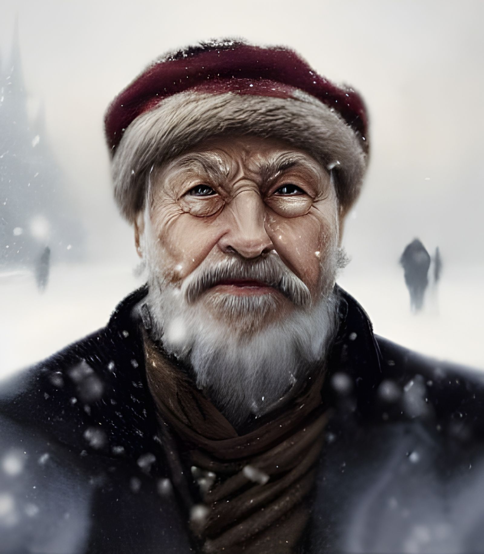 Winter Portrait of Old Russian Man in Snow