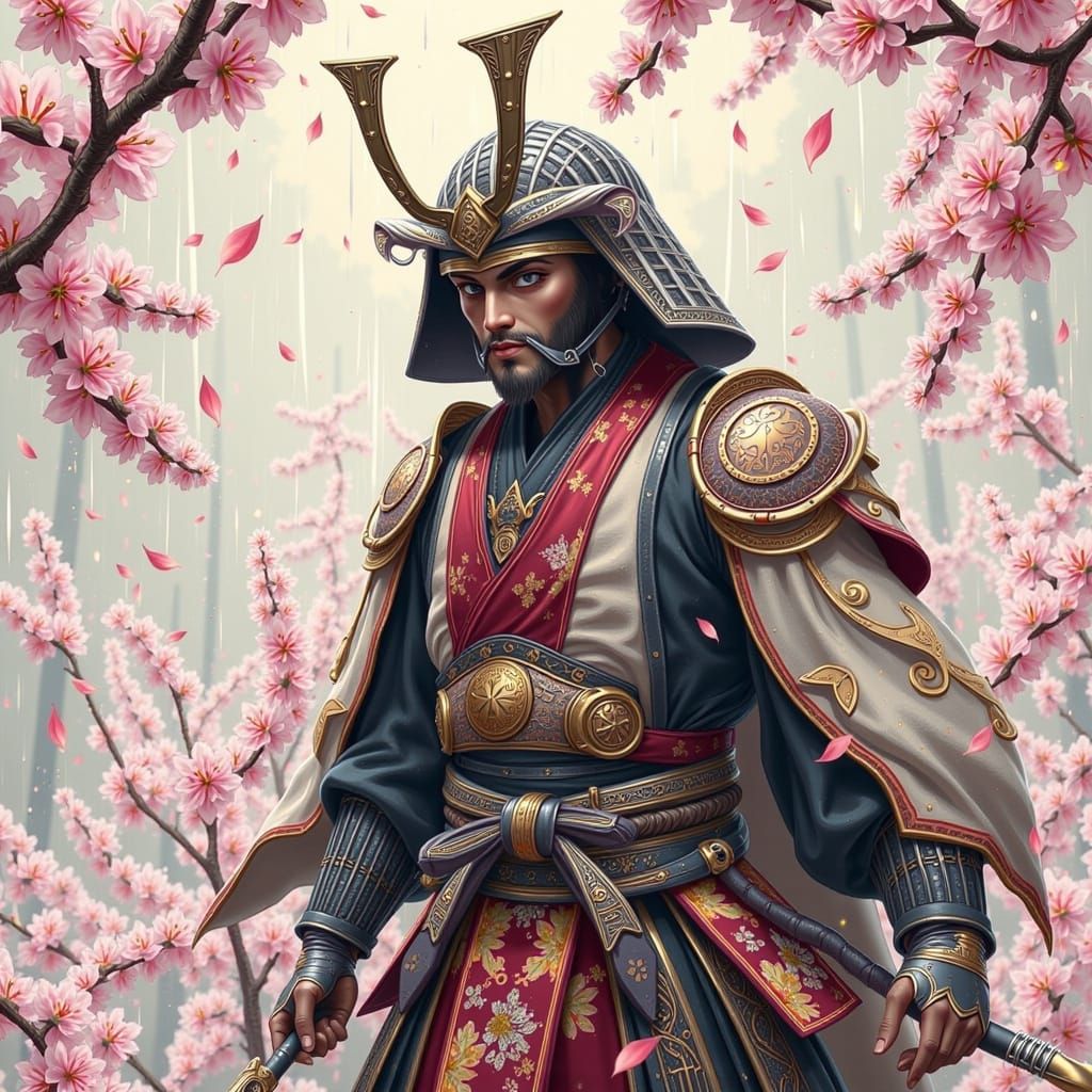 Samurai Warrior in Cherry Blossoms, Ukiyo-e Style