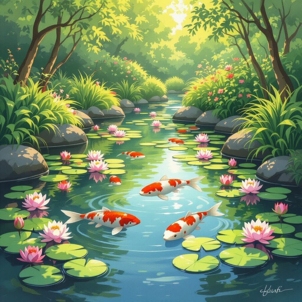 Serene Koi Pond Inspired by Miyazaki and Gurney
