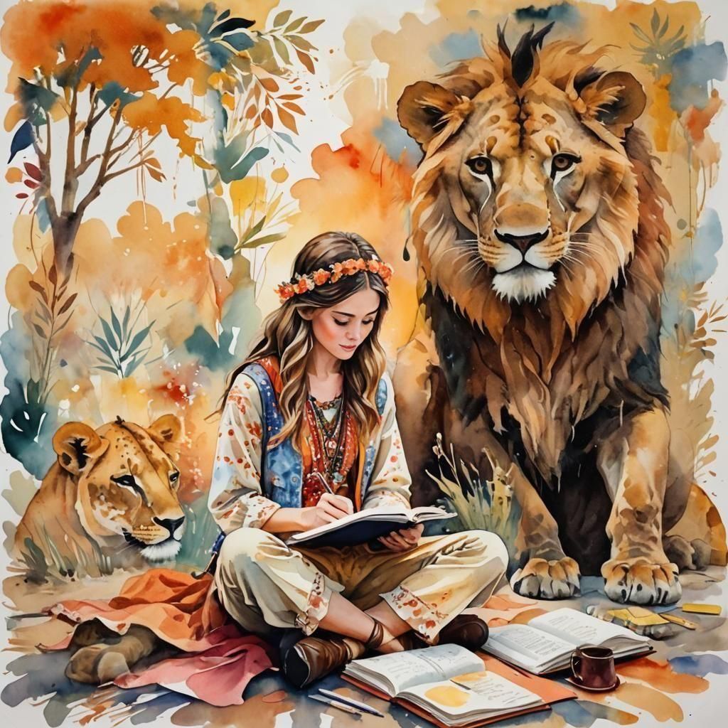 Girl Journaling with African Animals in Gouache