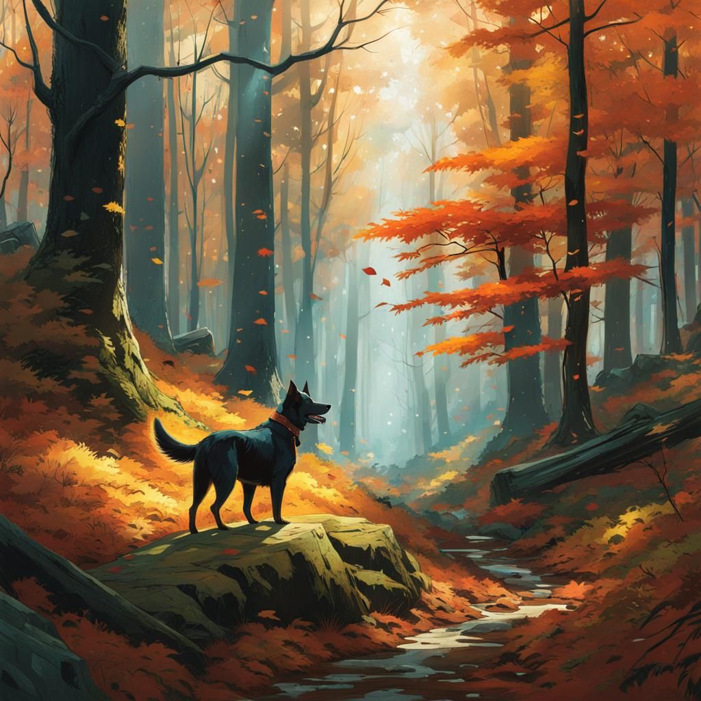 Dog in Forest with Leaves: Digital Art