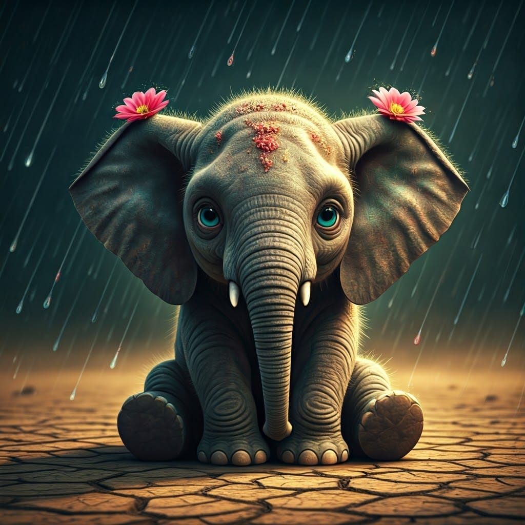 Cactus Elephant in a Colorful Rainstorm