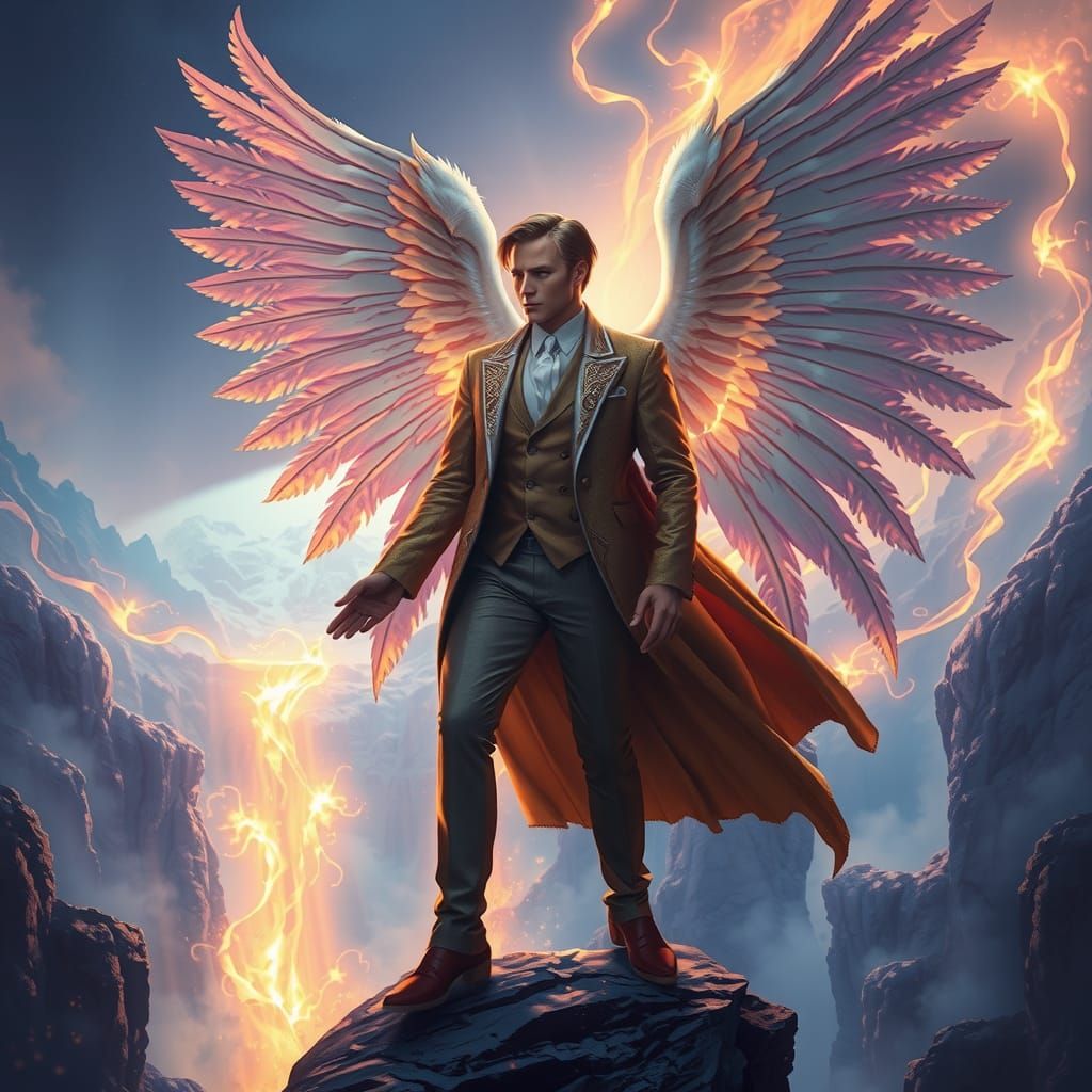 Winged Man in Ornate Suit on Mystical Precipice