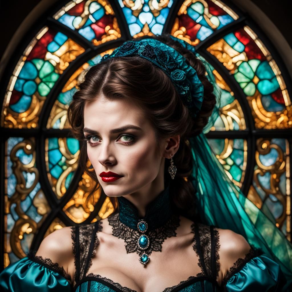 Vampire Lady in Teal Gown, Victorian Portrait